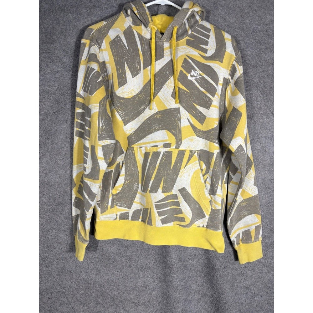 Nike Mens Sportswear All Over Print Swoosh Hoodie Yellow Grey DB4607-761 Small